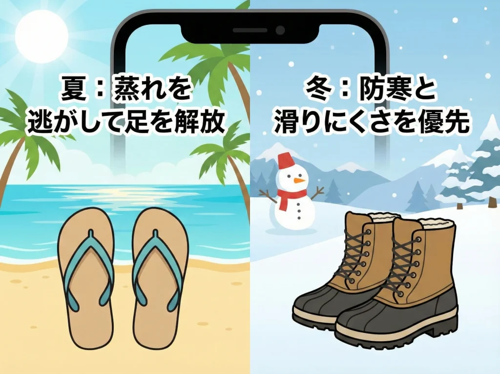 夏はサンダル、冬はブーツ