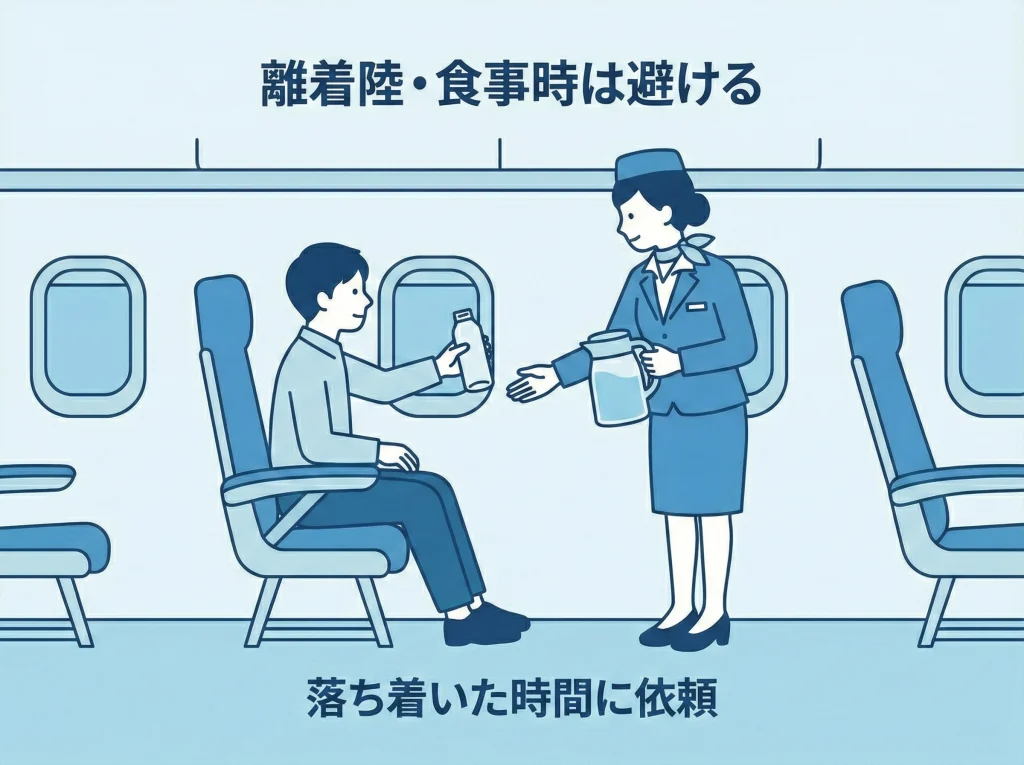 機内で客室乗務員に給水依頼