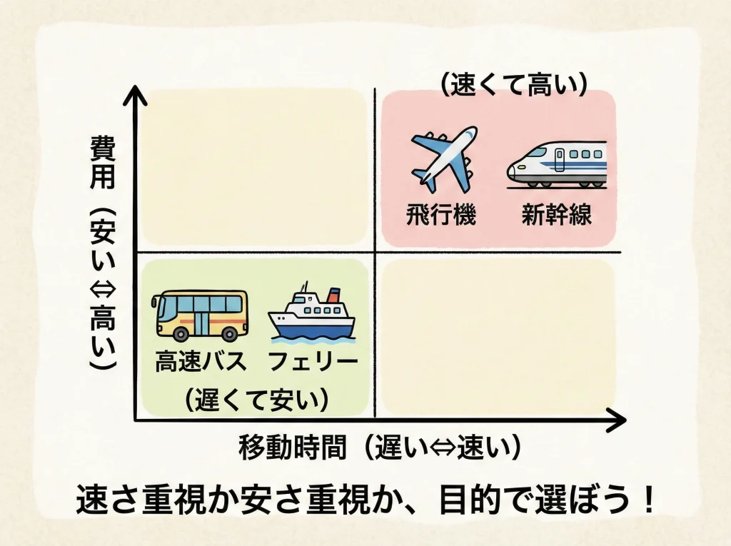 交通機関は飛行機・新幹線・高速バス・フェリー