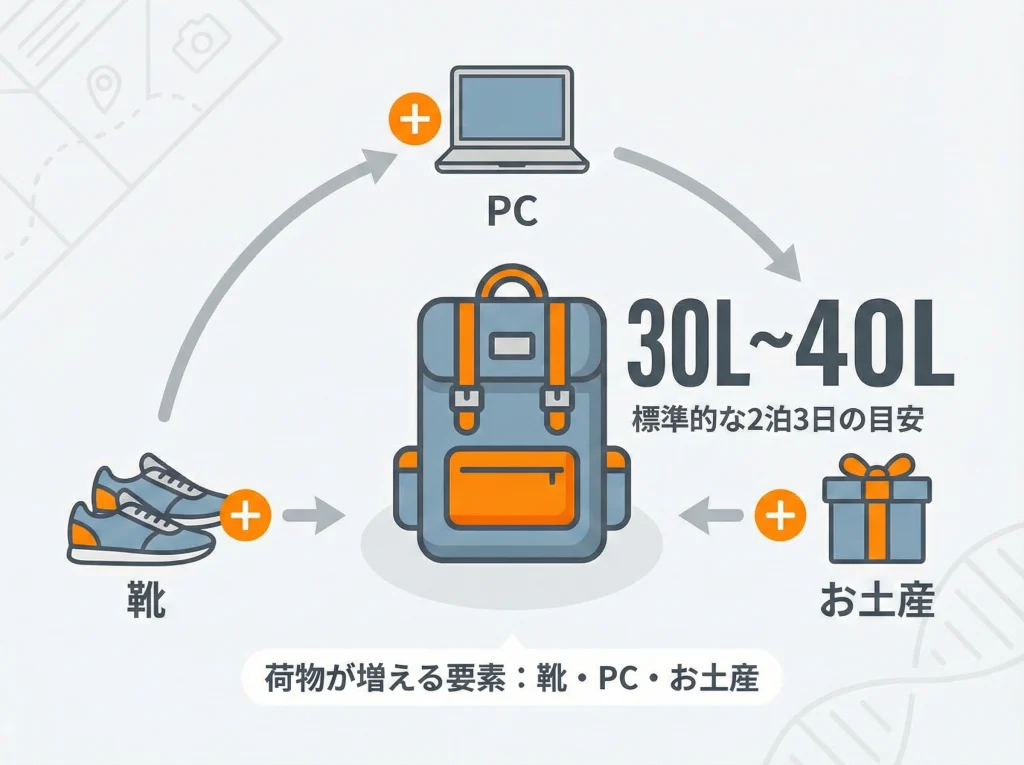 2泊3日は容量30〜40L
