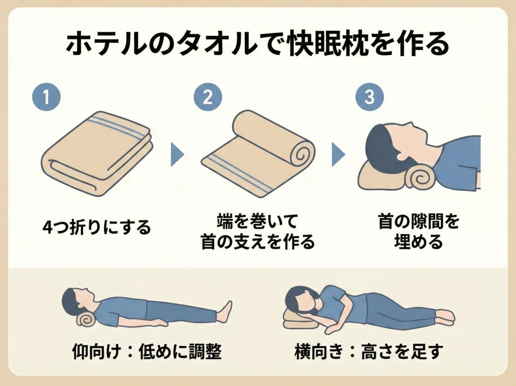 ホテル枕が合わない時のバスタオル枕の作り方
