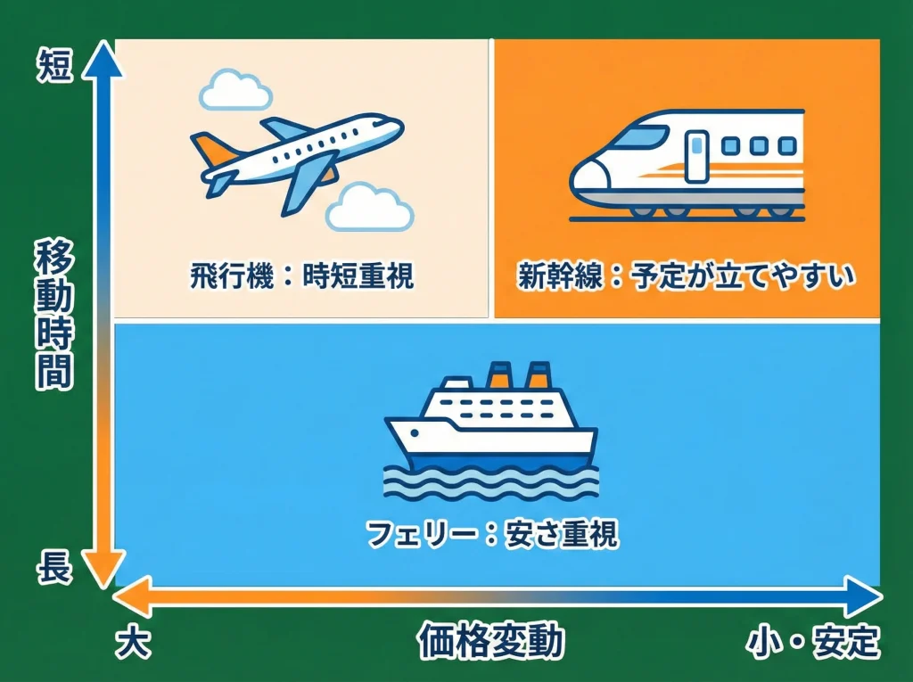 飛行機・新幹線・フェリー比較