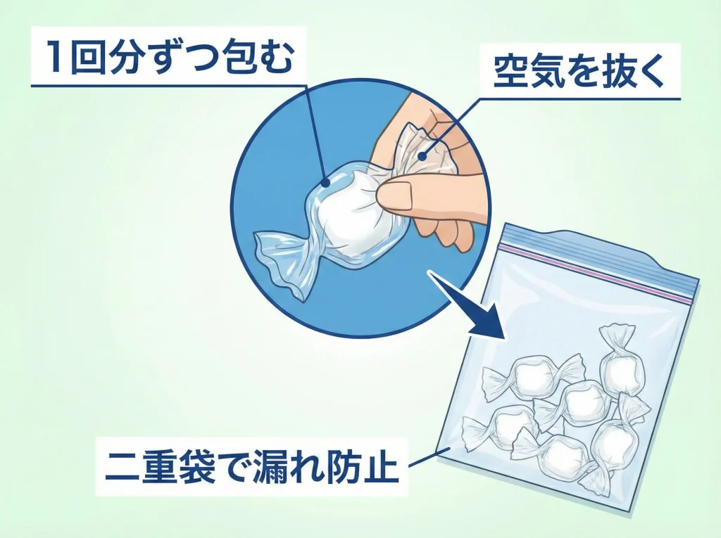 ラップ小分けと漏れない工夫