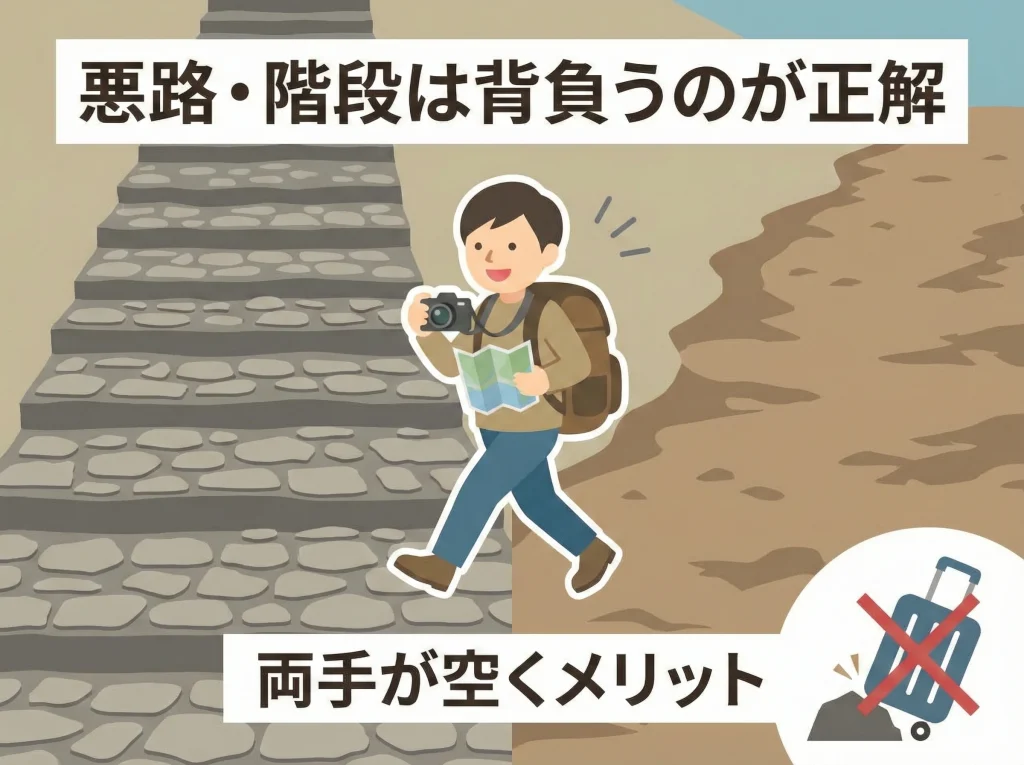 石畳や段差はリュック有利
