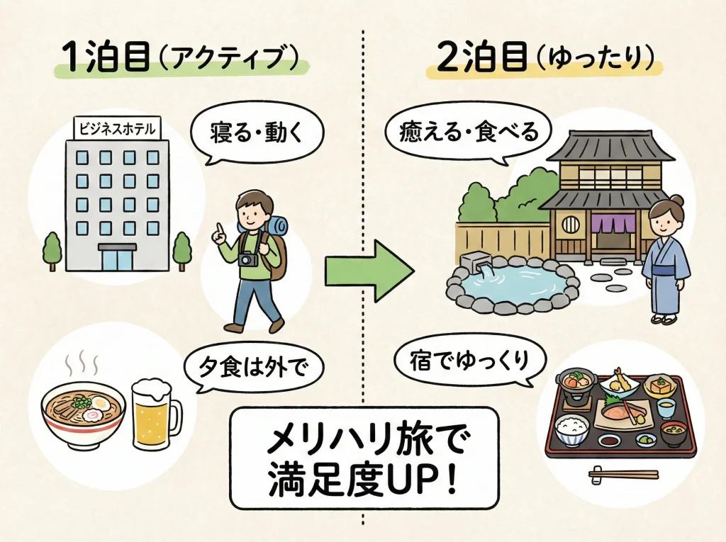 宿泊はホテルと温泉旅館