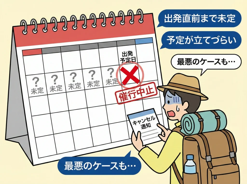 直前手配で催行中止も