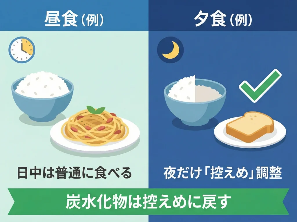炭水化物は控えめに戻す